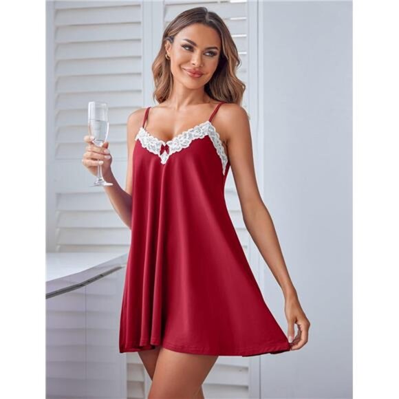 Women’s Lace Nightgown Red Spaghetti Strap Chemise with White Trim - Picture 4 of 5